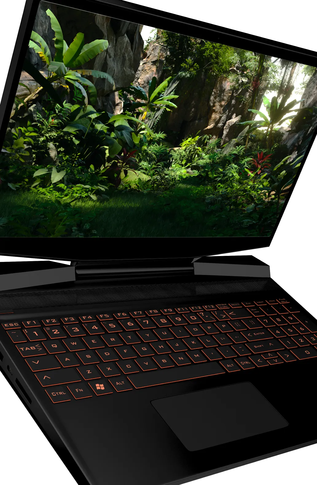 Gaming laptop showing a dense jungle render on its screen