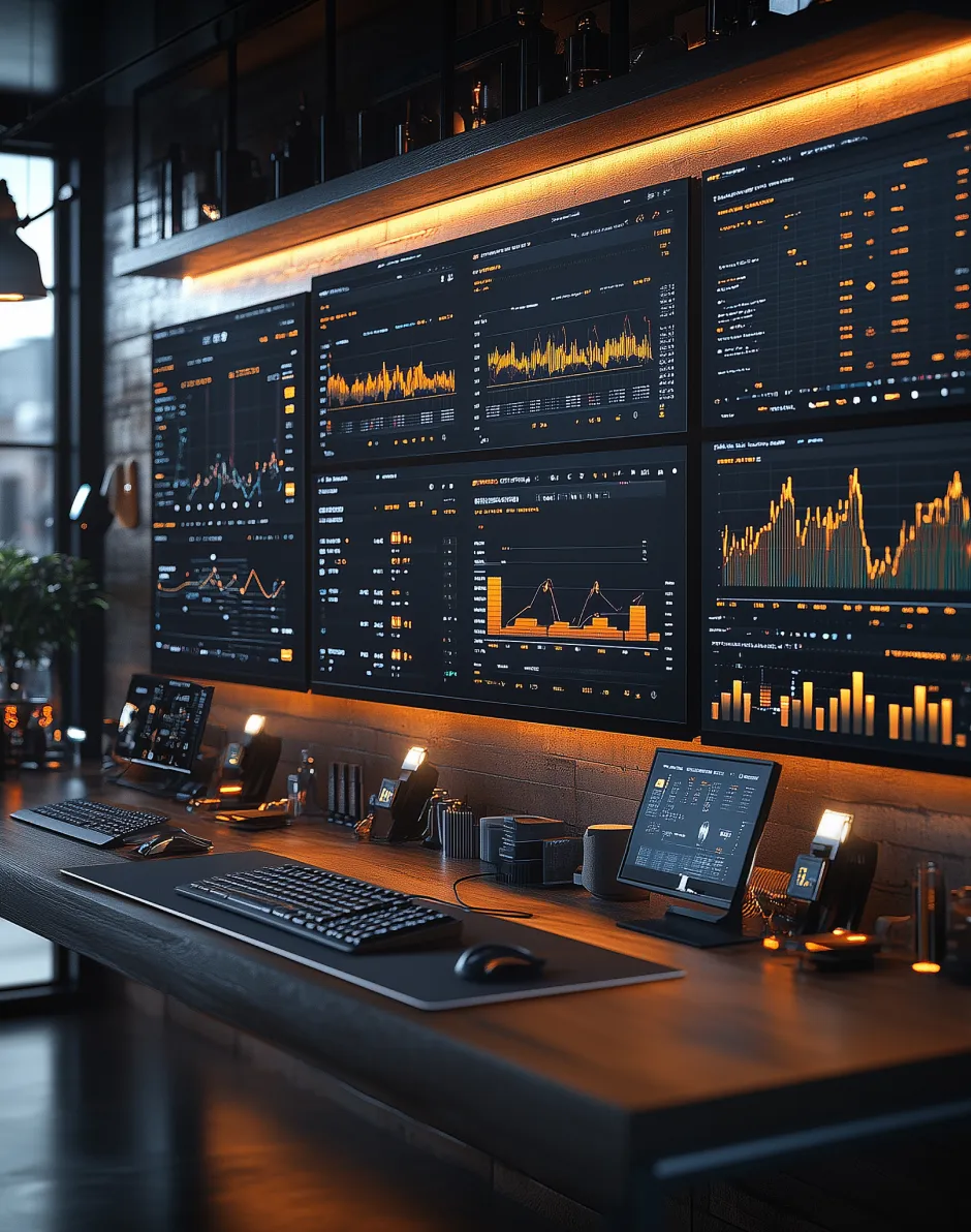Multiple computer screens showcasing data